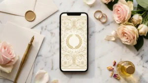 buat undangan pernikahan online free - smartphone menampilkan desain undangan digital krem emas