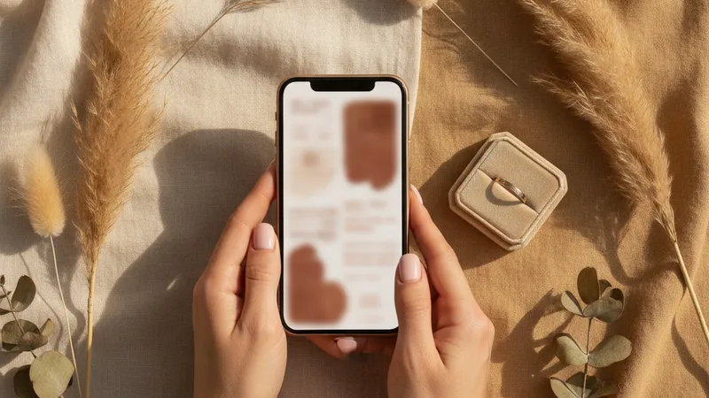 Kata-kata love story undangan digital ditampilkan di layar smartphone dengan dekorasi pernikahan bernuansa cream