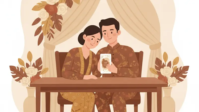 Ilustrasi pasangan sedang merencanakan pernikahan dengan undangan virtual di laptop