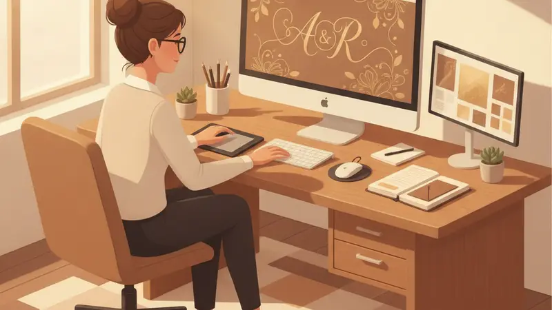Tangan sedang mendesain undangan virtual di laptop dengan berbagai elemen interaktif