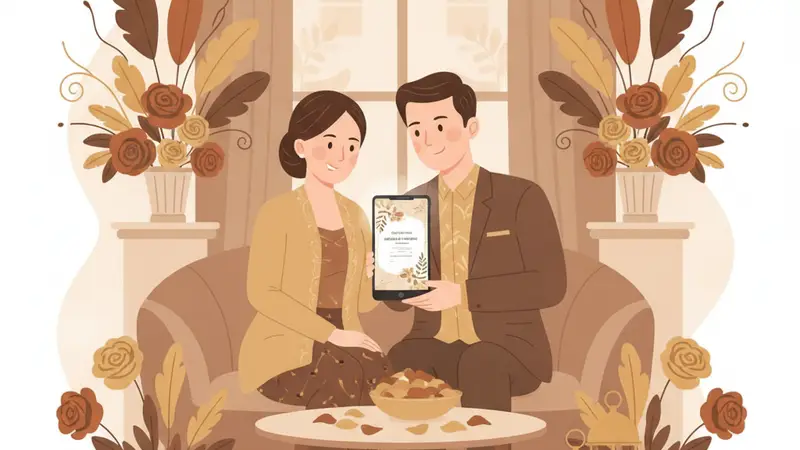 Pasangan pengantin sedang melihat tablet, membuat web undangan pernikahan