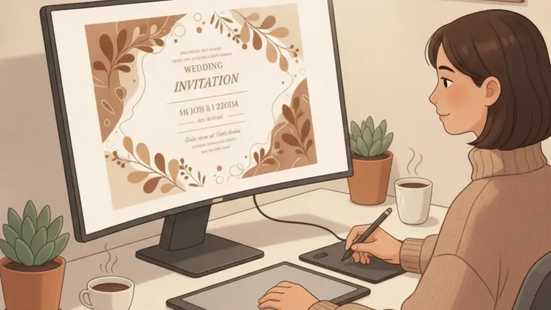 Wanita sedang memilih template untuk web undangan pernikahan