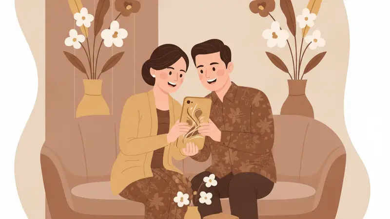 Ilustrasi pasangan sedang melihat website undangan online di laptop