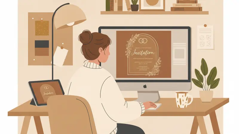 Seorang desainer grafis sedang mengerjakan desain undangan online di layar komputer