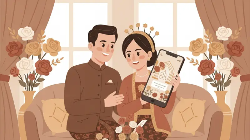Pasangan sedang membuat wedding invitation online bersama di laptop