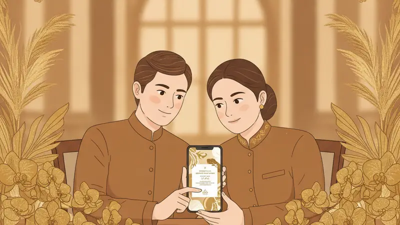 Ilustrasi pasangan sedang melihat mentahan buat undangan digital di laptop