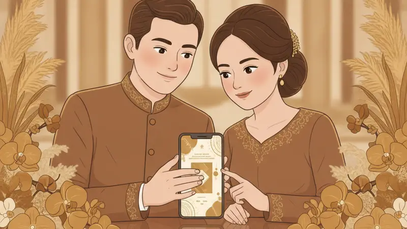 Pasangan pengantin melihat proses pembuatan undangan online di laptop