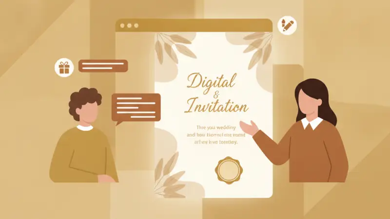 Pengantin baru sedang melihat fitur undangan online mereka di tablet