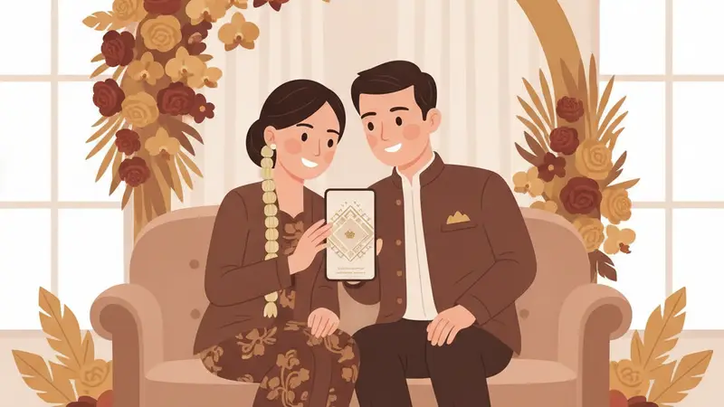 Pasangan sedang melihat situs buat undangan online di laptop