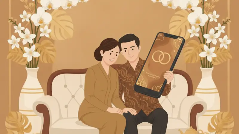 Ilustrasi pasangan memilih tempat pembuatan undangan pernikahan