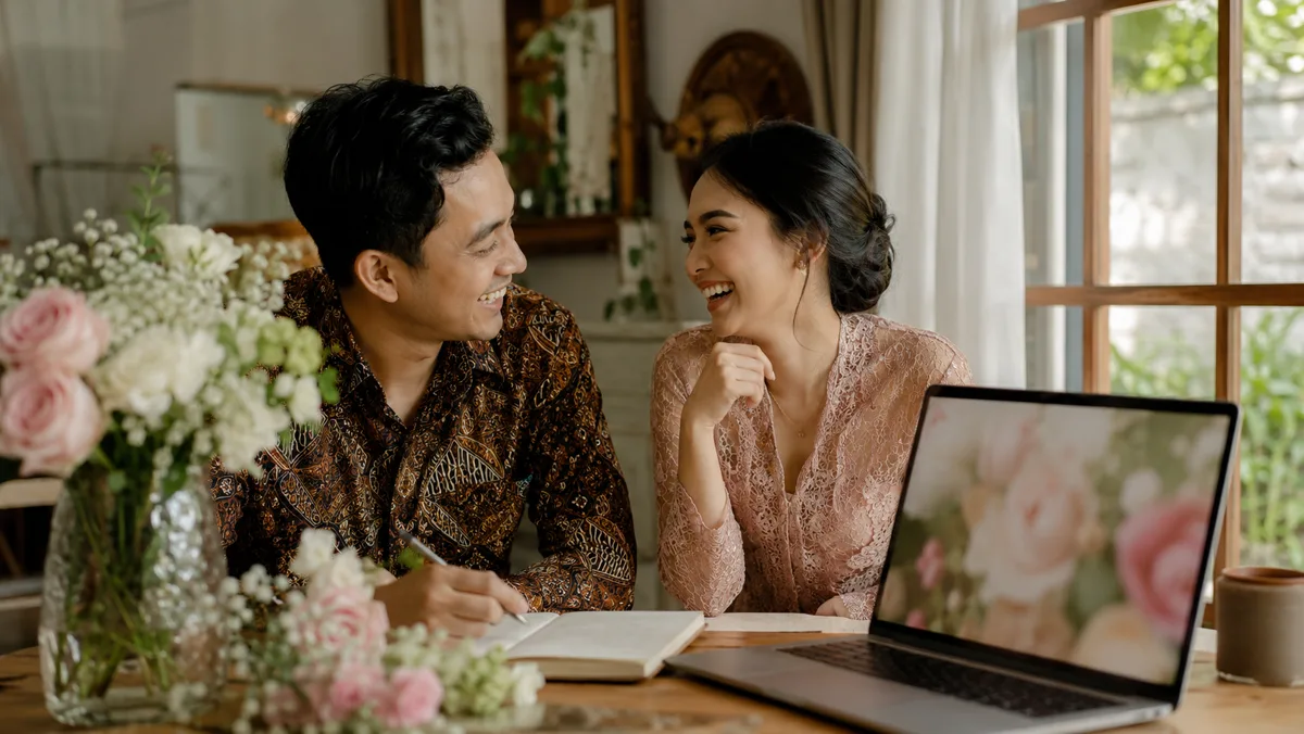 Pasangan sedang melihat web membuat undangan pernikahan di laptop