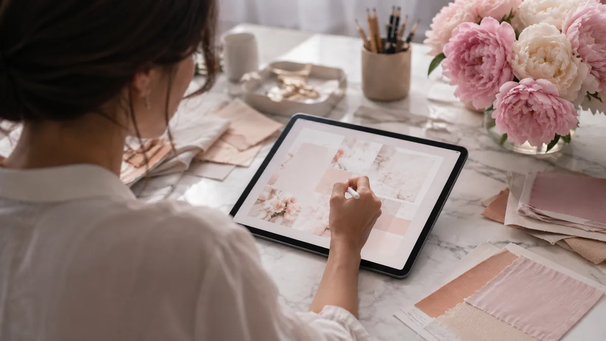 Wanita sedang memilih desain web membuat undangan pernikahan di tablet
