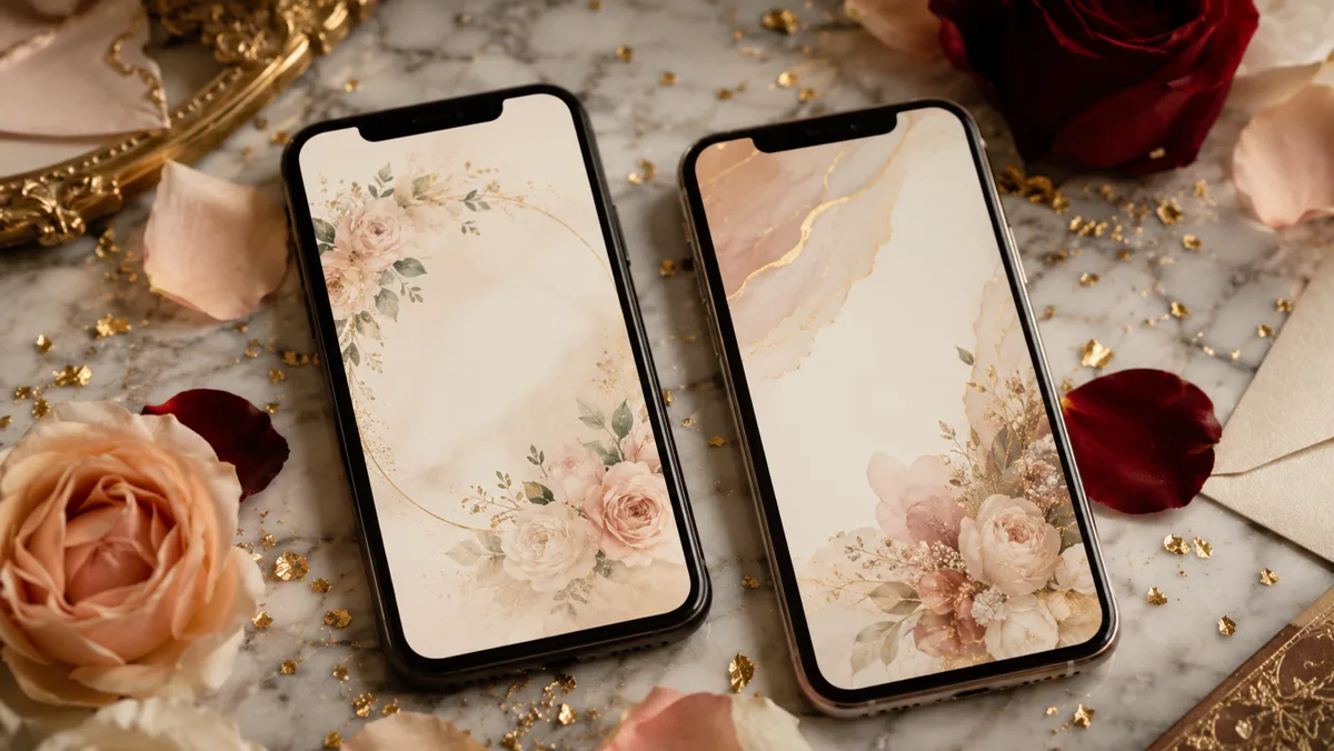 Pengantin wanita sedang melihat undangan pernikahan digital di smartphone