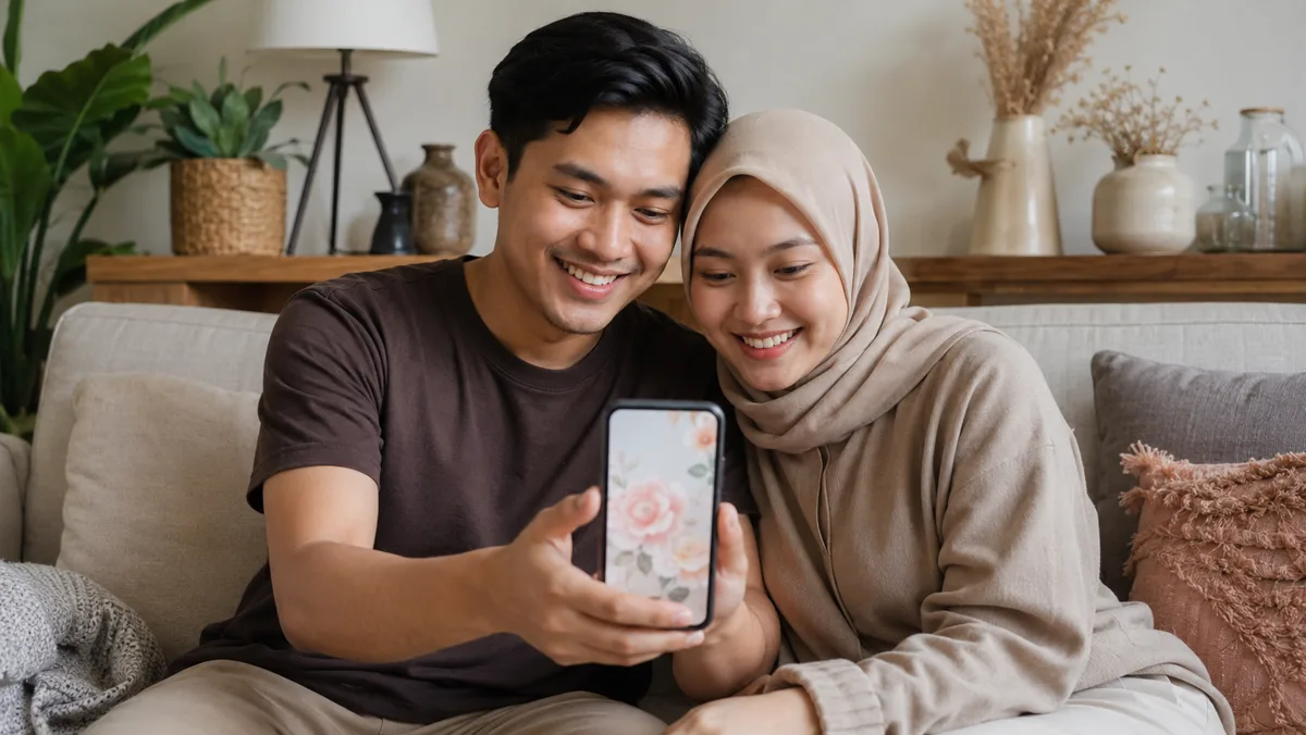 Ilustrasi pasangan sedang merencanakan pernikahan menggunakan laptop untuk membuat undangan digital