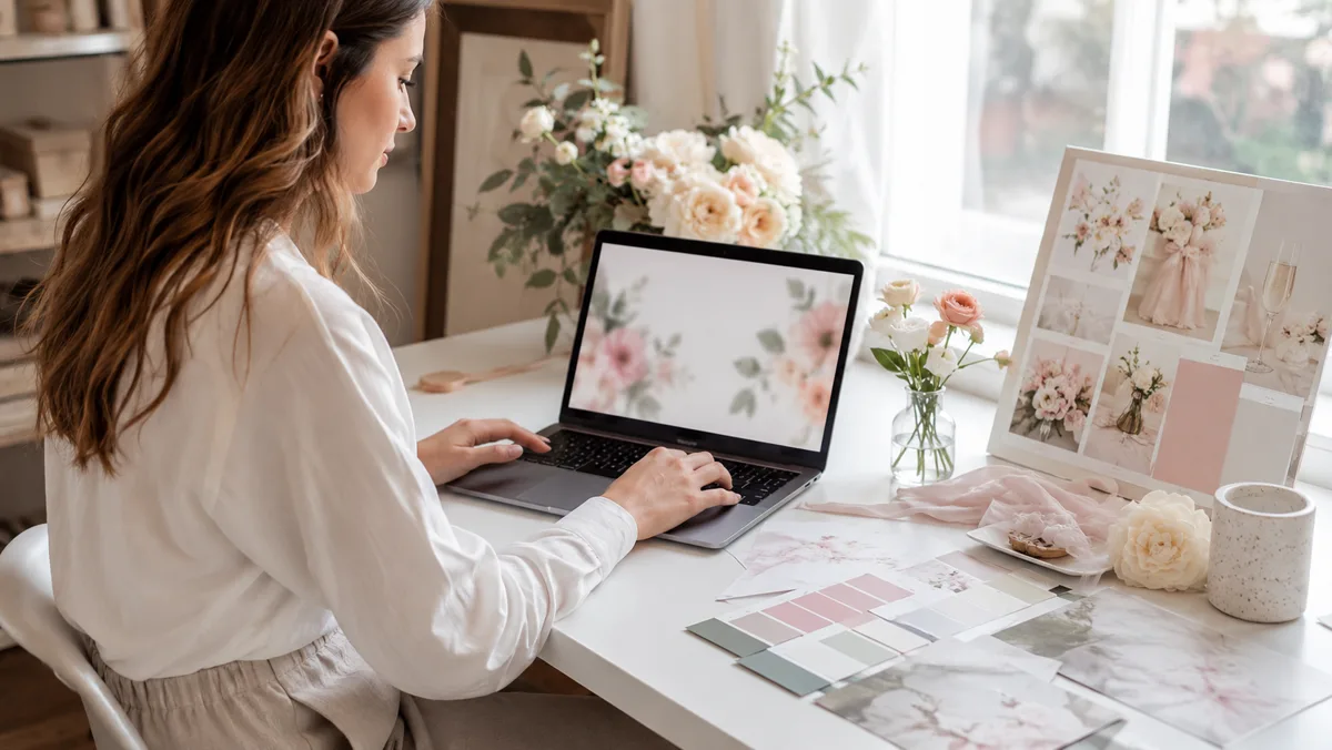 Tangan sedang memilih template desain undangan digital di layar laptop