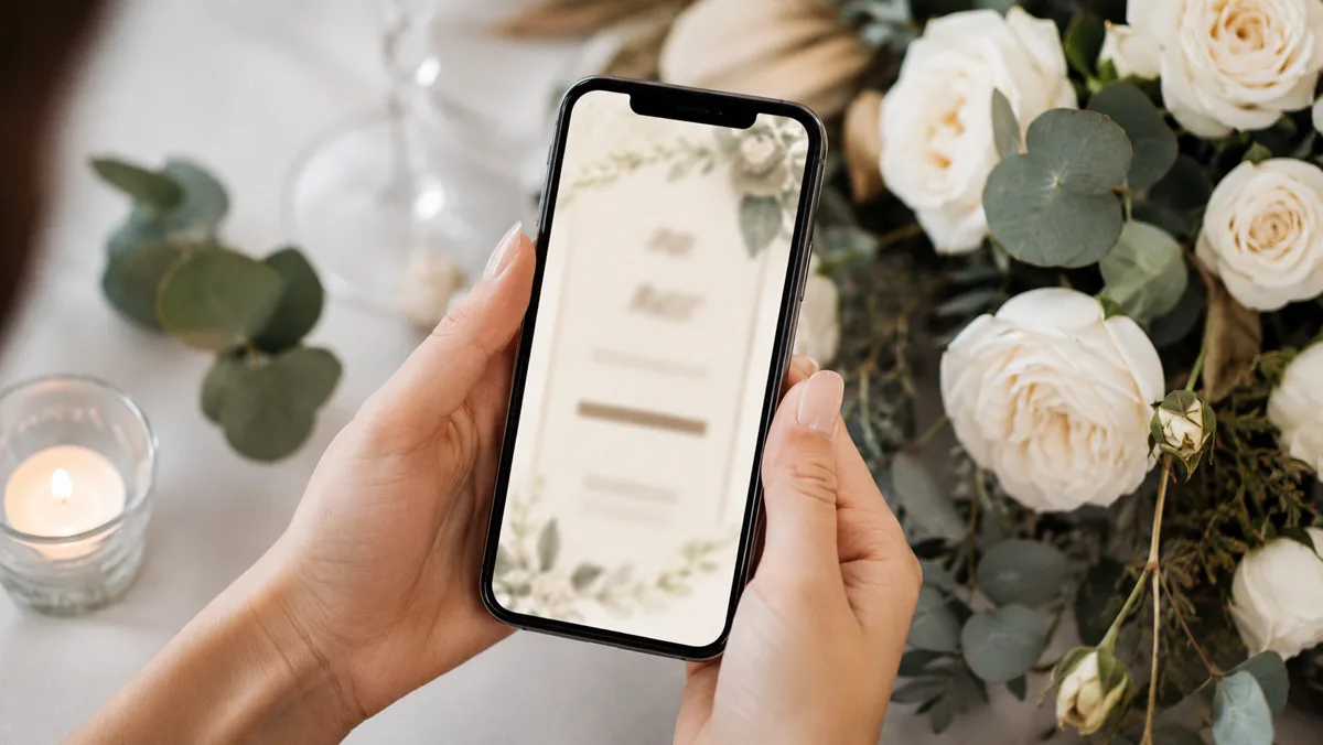 Pengantin wanita melihat undangan digital di tablet