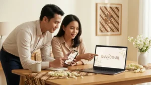 Pasangan Indonesia melihat website membuat undangan online di laptop dan ponsel