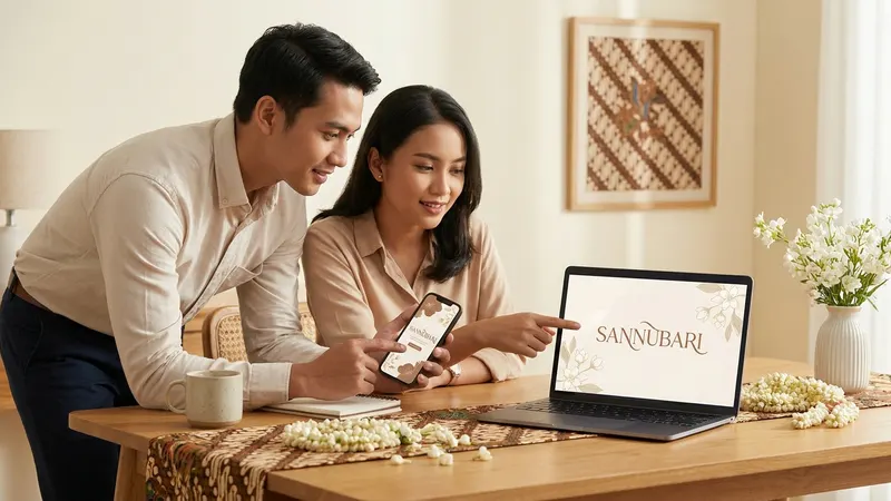 Pasangan Indonesia melihat website membuat undangan online di laptop dan ponsel