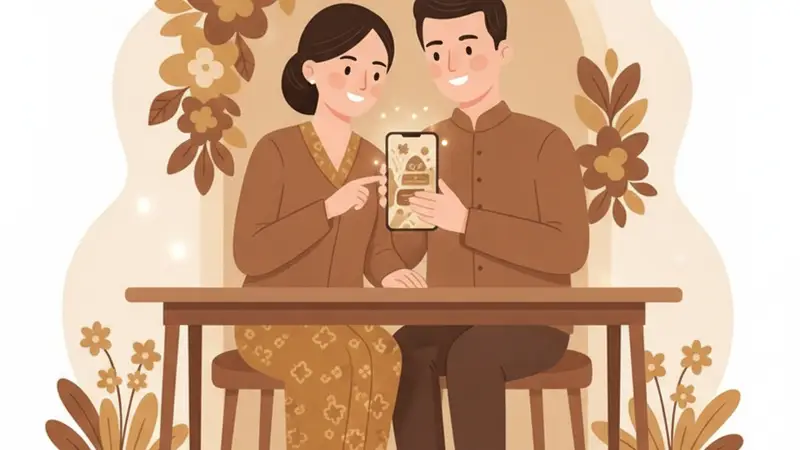 Ilustrasi pasangan sedang melihat website untuk membuat undangan online di tablet