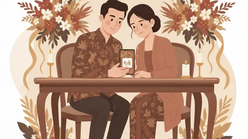 Seorang pasangan sedang membuat undangan digital lewat HP