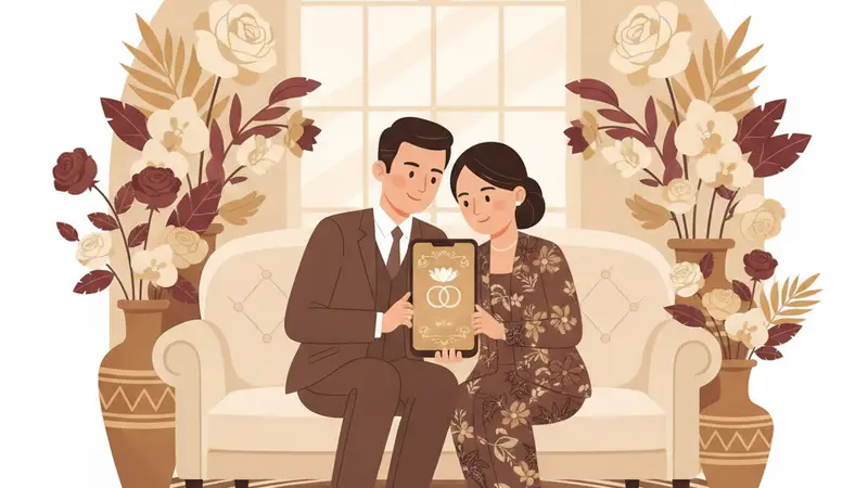 Pasangan pengantin melihat undangan digital online di tablet