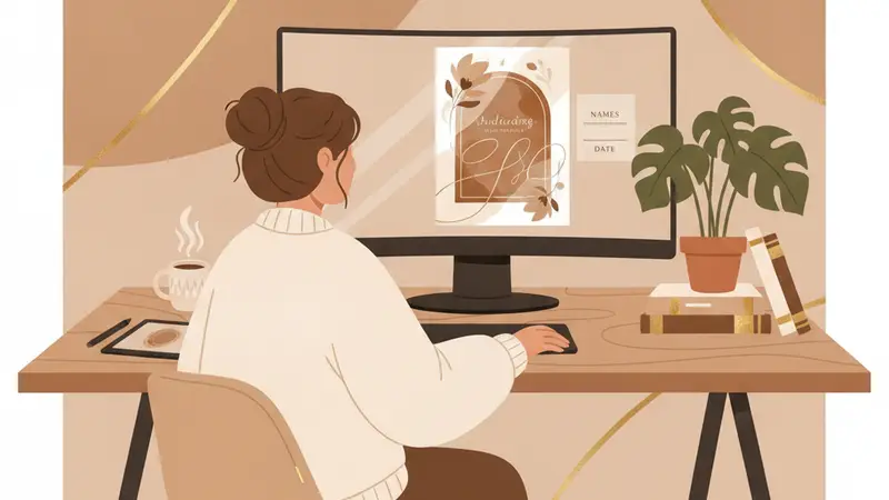 Wanita sedang mendesain undangan digital di laptop