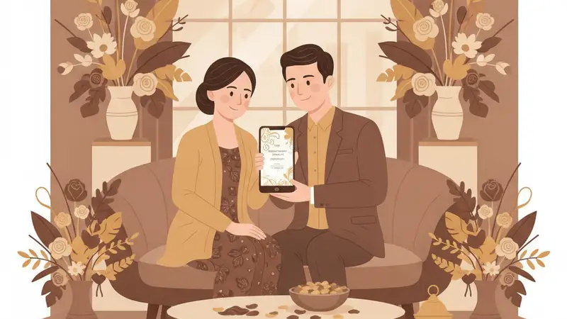 Ilustrasi keluarga sedang membuat undangan khitanan digital di HP