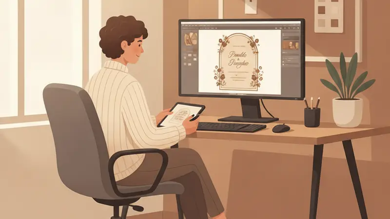 Tangan sedang memegang HP dengan aplikasi desain undangan digital