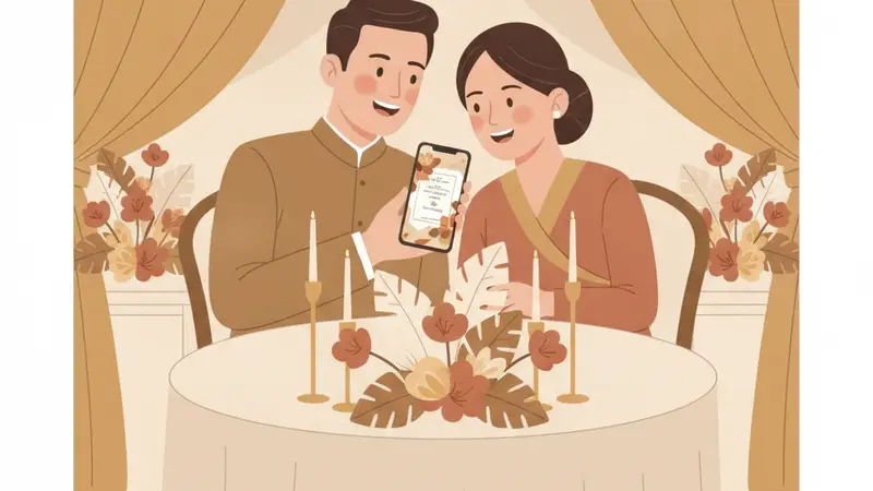 Ilustrasi pasangan sedang melihat undangan online web di laptop