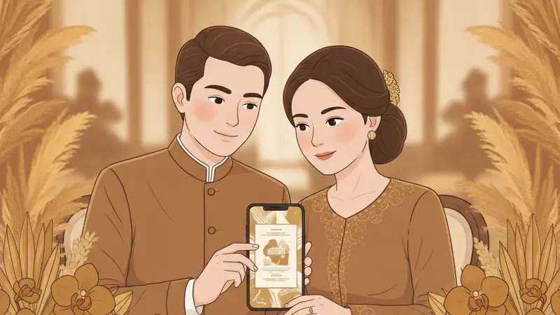 Ilustrasi pasangan sedang membuat undangan pernikahan dari HP