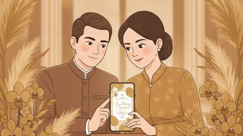 Ilustrasi pasangan sedang melihat undangan pernikahan di web melalui laptop dan smartphone