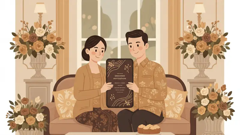Ilustrasi pasangan sedang membuat undangan pernikahan digital di HP