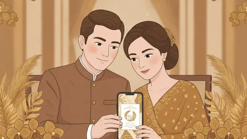 Ilustrasi pasangan sedang membuat undangan pernikahan digital di laptop