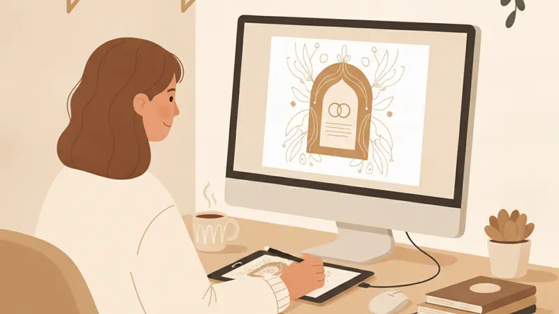 Wanita sedang mengumpulkan data dan foto untuk undangan pernikahan digital di laptop