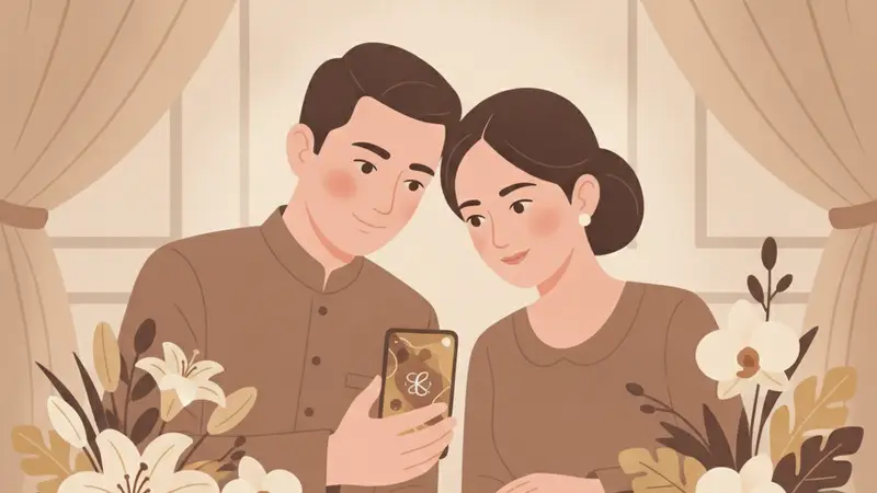 Pasangan sedang membuat undangan pernikahan online di HP dengan senyum bahagia