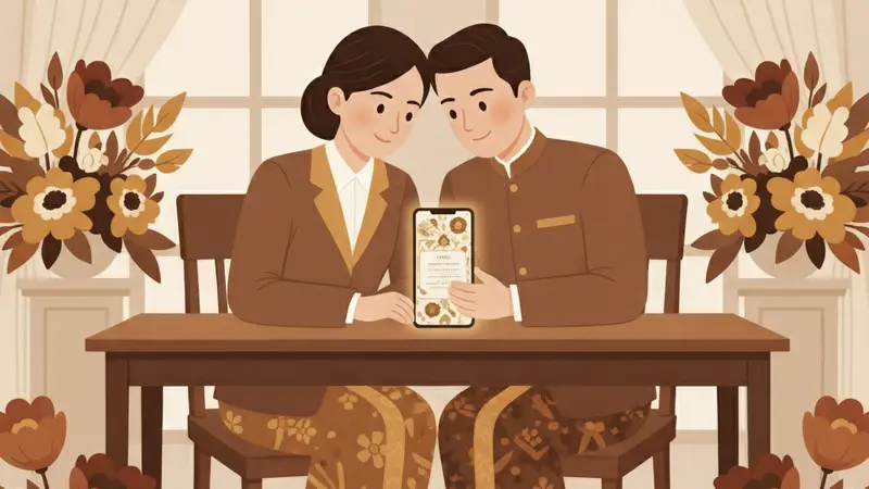 Ilustrasi pasangan sedang membuat undangan pernikahan website gratis