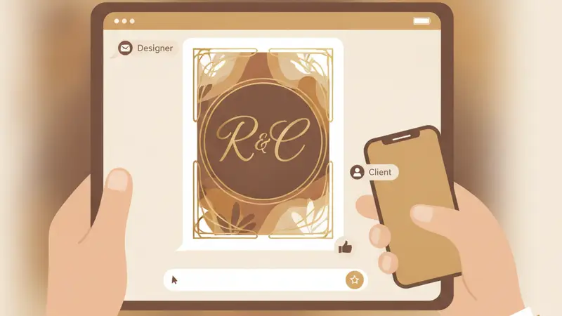 Pengantin sedang melihat undangan pernikahan website di tablet