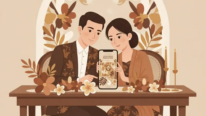 Pasangan sedang merencanakan cara membuat undangan web digital dengan laptop dan tablet