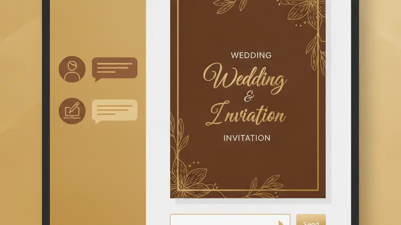 Pengantin baru melihat undangan web digital mereka di tablet, menunjukkan fitur-fitur modern