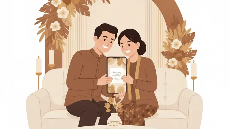 Pasangan sedang merencanakan cara membuat undangan wedding digital di laptop