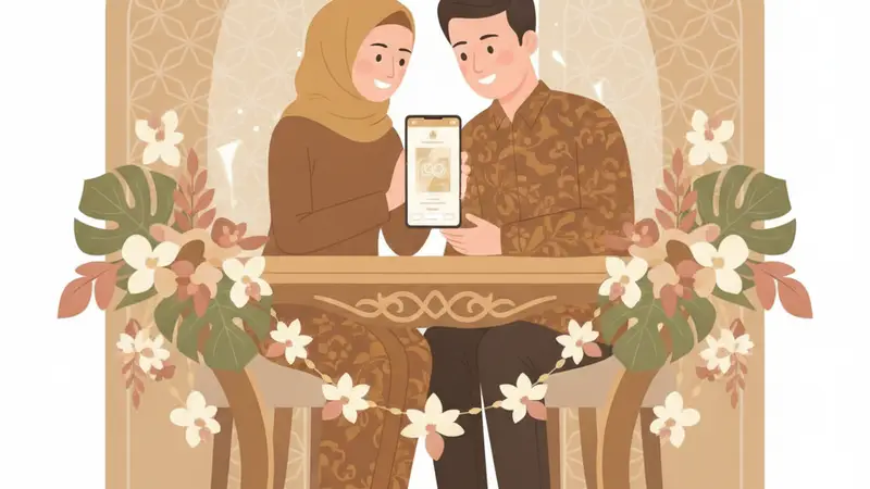 Ilustrasi pasangan sedang merencanakan cara membuat undangan wedding online