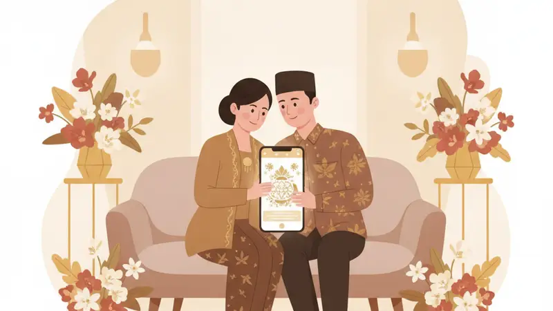 Pasangan sedang melihat web undangan pernikahan online di tablet