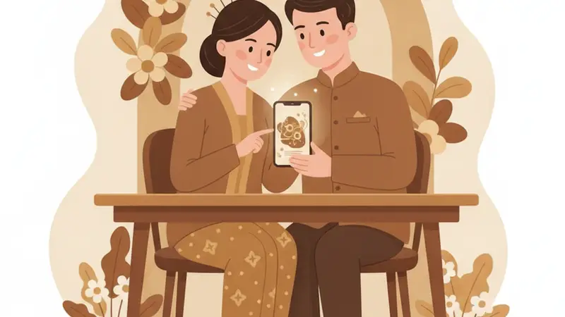 Ilustrasi pasangan sedang melihat desain web undangan pernikahan online gratis di laptop