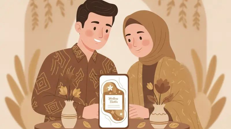 Ilustrasi pasangan sedang melihat web wedding invitation di laptop