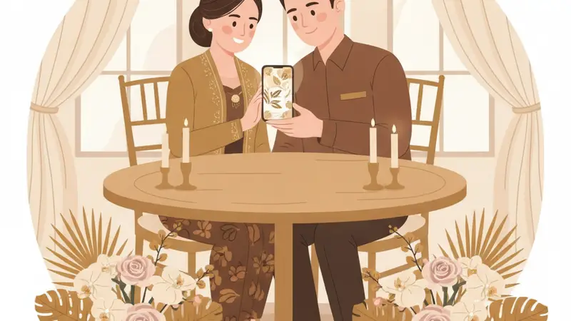Ilustrasi pasangan sedang melihat undangan digital gratis di laptop
