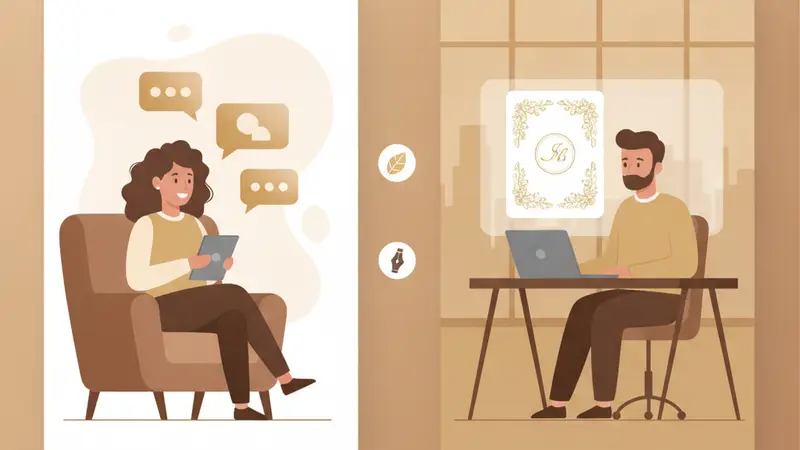 Ilustrasi konsultasi jarak jauh: pemesan memakai tablet dan desainer membuka rancangan kartu di laptop.