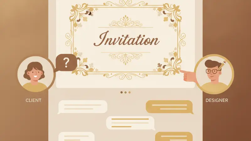 Ilustrasi percakapan antara pemesan dan desainer di sekitar rancangan kartu bertuliskan Invitation.