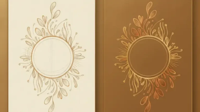 Ilustrasi dua rancangan kartu undangan dengan bingkai lingkaran dan ornamen daun.