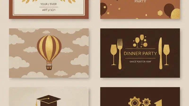 Kumpulan kartu desain undangan bertema pesta, balon udara, dan makan malam