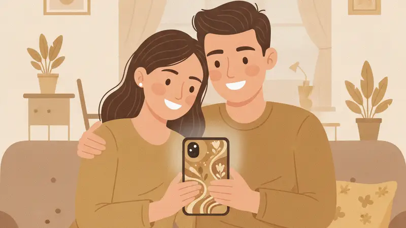 Pasangan sedang mendiskusikan desain cover undangan pernikahan online mereka